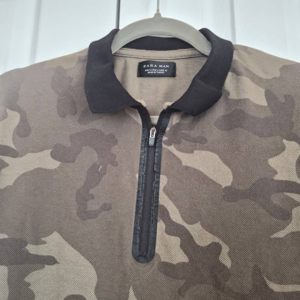 Zara Man Camo Quarter Zip Polo Mens Large Green Brown Short Sleeve Gorpcore - Picture 2 of 8